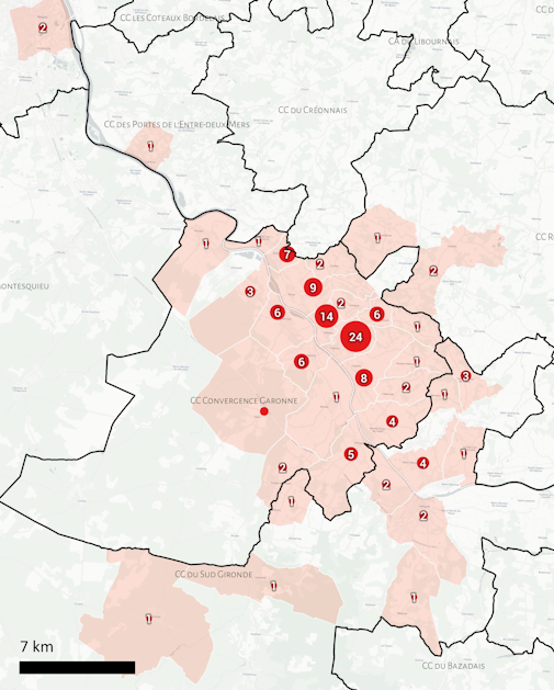 Carte de localisation des inscrits des familles adhérentes, avec des cercles proportionnels aux effectifs par commune: 30 communes couvertes de Bordeaux au Sud-Gironde